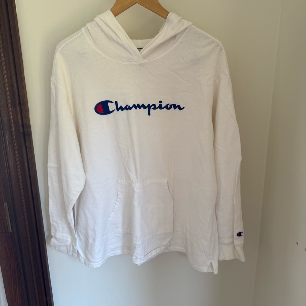 Champion White Hoodie with Blue & Red Logo